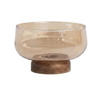 NonMiFyR Industrial Bol Frutero de Vidrio en Pedestal Base Madera Acacia Gran Capacidad Acabado Artesanal Adecuado para de Trabajo Sala Espera Cocina, Ámbar, Pequeño