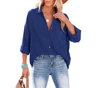 NONSAR Blusa de mujer informal, con cuello en V, 100 % algodón, corte holgado, color liso, gruesa, elegante, con bolsillo, azul oscuro, M