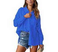NONSAR Blusa elegante para mujer, cuello en V, camisa, blusa, manga larga, informal, informal, túnica, elegante, con bolsillo, azul cobalto, L