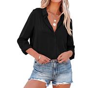 NONSAR Elegante blusa de satén y mangas largas para mujer, camisa con cuello en V, blusa de oficina de estilo casual, Schwarz, S