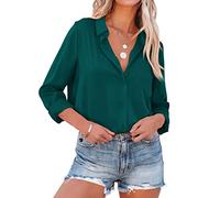NONSAR Elegante blusa de satén y mangas largas para mujer, camisa con cuello en V, blusa de oficina de estilo casual, Dunkelgrün, XXL