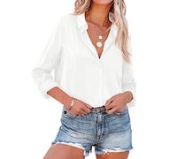 NONSAR Elegante blusa de satén y mangas largas para mujer, camisa con cuello en V, blusa de oficina de estilo casual, Weiß, M