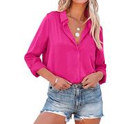 NONSAR Elegante blusa de satén y mangas largas para mujer, camisa con cuello en V, blusa de oficina de estilo casual, Rosarot, S