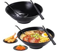 Noodle Bowl - Juego de 2 cuencos de sopa profunda japonesa con palos, cucharas y platos de salsa | Tableware negro mate para comida asiática, pho, wonton, pasta, hogar, restaurante