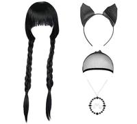 NOOLUSI Peluca Miércoles con Flequillo, Largo Peluca de Coletas con Collar y Diadema, Disfraz de Miercoles Niña Mujer, para Cosplay Carnaval Halloween