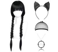NOOLUSI Peluca Miércoles, Wednesday Peluca con Flequillo, Largo Peluca de Coletas para el Miércoles con Collar y Diadema, Disfraz de Miercoles Niña Mujer, para Cosplay Carnaval Halloween