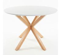 Noorsk Design Mesa Redonda Comedor 100 cm - Mesa Comedor Redonda con Patas Metálicas, Acabado Efecto Madera, sobre de Madera de DM Lacado en Blanco, 75 cm Altura, Mesa Redonda Moderna