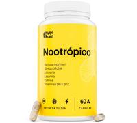 Nootrópico Natural 60 Cápsulas con Cafeína, Ginkgo Biloba, Teanina | Incrementar Energía, Concentración y Agilidad Mental, Bacopa Monnieri, Tirosina y Vitaminas - Envase XL, NutriBrain