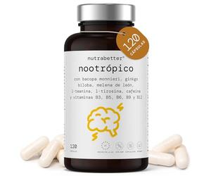 Nootropico Potente Natural |Memoria, Concentración, Energía y Agilidad Mental |Gingko Biloba, Melena de Leon, Bacopa Monnieri, Tirosina, Cafeina, Teanina +5 Vitaminas|120 cápsulas veganas|nutrabetter®