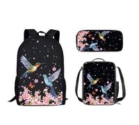 Nopersonality Juego de 3 mochilas para niños, resistentes al agua, lonchera escolar, bolsa de viaje, estuche para lápices de alta capacidad, Cereza de pájaro