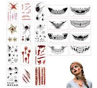 NOPKESV 20 hojas de tatuajes falsos para el rostro, maquillaje zombie, heridas halloween, tatuajes, cicatrices, disfraces para niños, adultos, mujeres y hombres.