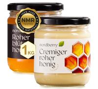 Nordberry - Mix 1 kg de miel cruda - 500 g cremosa y 500 g de flores silvestres - pura, natural y sin filtrar procedente de Letonia - Estuche regalo