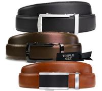Nordform Juego de cinturón triple de cuero de primera calidad para hombre - Hebillas ajustables sin agujeros y resistentes a los arañazos -(Negro mate/Plateado mate) -(Moca/Metal), (Coñac/Negro metal)