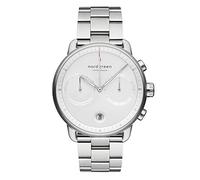 Nordgreen Pioneer - Reloj cronógrafo para hombre, color plateado, grande, esfera blanca de 42 mm, correa intercambiable, color plateado, Correa plateada de 3 eslabones, 42mm, Pulsera