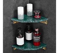 Nordic Corner Shower Caddy - Estante de baño de cobre completo montado en la pared con mármol natural, estante de almacenamiento flotante de 2 niveles para champú, cosméticos y nizer, decoración verde