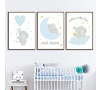 Nordic Ideas Juego de 3 cuadros decorativos para habitación de bebé o niño, carteles de elefante, impresión sobre lienzo, color azul y gris para niños, regalos de cumpleaños, NPTWC002-XL