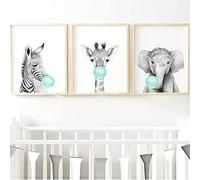Nordic Ideas - Juego de 3 pósteres (3 carteles, animales, forma de burbuja, verde cebra, jirafa, elefante, habitación infantil, bebe, pared, tela decorativa sin marco, PTAN003-S