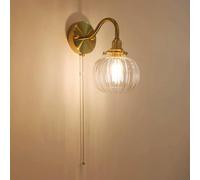 Nordic Pumpkin Glass Wall Lamp Antique Brass Finish Wall Sconce with Pull Chain Switch, Retro Gold Home Decor Lighting Fixture Hardwired Indoor Globe Clear Glass Wall S