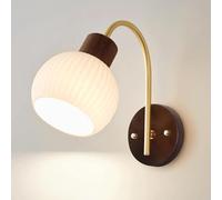 Nordic Solid Wood Wall Milk White Glass Wall Light Gold Bedside Reading Wall Lamp, Style Stripe Globe Glass Art Decor Lighting Fixture for Bedroom E27