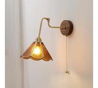 Nordic Water Glass Shade Wall Farmhouse Wood with Pull Chain Vintage Orange Green Wall Mount Light Fixture Adjustable Bedside Wall Lamp for Bedroom Living Room Mirror