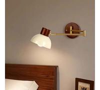 Nordic Wood Bedside Wall Lamp Gold Swing Arm Wall Sconce Flexible Adjustable Headboard Reading Lighting Cream Metal Shade, Retro Elegant Walnut Wood Home Decor Lighting Fixture, E