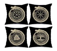 Nordics Vikings Runes - Juego de 4 fundas de almohada con diseño de árbol de la vida, diseño de dragón de fantasía nórdica, brújula rúnica, Vegvisir, para exteriores, para sala de estar, sofá, regalo