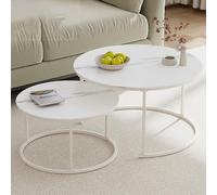 Nordivo Juego de 2 Mesas de Centro Redondas, Mesa Nido con Tapa de Cristal, Mesa Auxiliar con Patas Resistentes, para Sala de Estar/Dormitorio/Oficina(White,70+50cm/27.5+20")