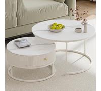 Nordivo Juego de 2 Mesas de Centro Redondas, Mesa Nido con Tapa de Cristal, Mesa Auxiliar con Patas Resistentes, para Sala de Estar/Dormitorio/Oficina(White/Gray,70+50cm/27.5+20")