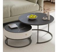 Nordivo Juego de 2 Mesas de Centro Redondas, Mesa Nido con Tapa de Cristal, Mesa Auxiliar con Patas Resistentes, para Sala de Estar/Dormitorio/Oficina(Black/White,70+50cm/27.5+20")