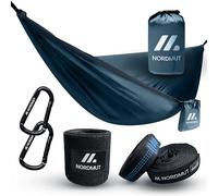 NORDMUT® Hamaca Ultraligera Outdoor [con Kit de Fijación] - Hamaca de Camping con Set de Protección de Árboles para Camping, Outdoor y Jardín - Carga Máxima 225 kg (Azul / 140 x 275 cm)