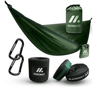 NORDMUT® Hamaca Ultraligera Outdoor [con Kit de Fijación] - Hamaca de Camping con Set de Protección de Árboles para Camping, Outdoor y Jardín - Carga Máxima 225kg (Verde / 140 x 275 cm)