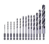 NordWolf Brad Point - Juego de brocas para madera, 14 piezas para carpintero, doble flauta, para perforación rápida, agujeros suaves y limpios de 2 a 12 mm con vástago hexagonal de 1/4 pulgadas para