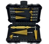 NordWolf Juego de 12 brocas métricas de titanio HSS, avellanador, brocas cónicas con vástago hexagonal de 1/4 pulgadas, sierra multitaladro y perforadora central automática en caja de almacenamiento