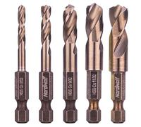 NordWolf Juego de 5 brocas de cobalto M35 para acero inoxidable y metales duros, con vástago hexagonal de 1/4 pulgadas para mandriles rápidos y destornilladores de impacto, tamaños SAE 5/81.3