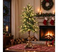 Norfolk Pine Christmas Tree, Vintage Lighted Tabletop Christmas Tree with Warm White LED, Battery Operated Pre Lit Artificial Pine, Remote Control, Bronze Base (L：45cm)