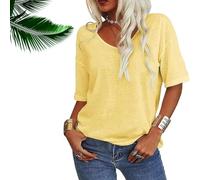 Normaltly Womens Shirt, Normalty Tops, Solid Color V-Neck T-Shirt, Summer Short Sleeve Loose Casual Tops (Yellow,XXL)