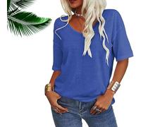 Normaltly Womens Shirt, Normalty Tops, Solid Color V-Neck T-Shirt, Summer Short Sleeve Loose Casual Tops (Blue,L)