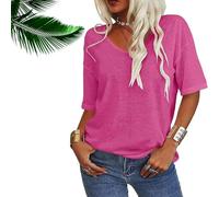 Normaltly Womens Shirt, Normalty Tops, Solid Color V-Neck T-Shirt, Summer Short Sleeve Loose Casual Tops (Rose Red,L)