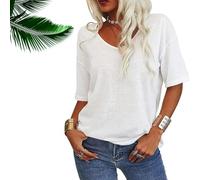 Normaltly Womens Shirt, Normalty Tops, Solid Color V-Neck T-Shirt, Summer Short Sleeve Loose Casual Tops (White,L)