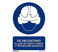 Normaluz RD20013 - Señal Es Obligatorio El Uso Del Casco, Gafas Y Protección Acústica PVC Glasspack 0,7mm 21x30 cm con CTE, RIPCI