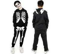 NOROZE Conjunto de chándal unisex de esqueleto de Halloween para hombre y niña, estampado de huesos de calavera, manga larga, conjunto de 2 piezas con capucha y pantalones de correr, disfraz de
