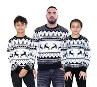 NOROZE Hombres Mujeres Niños Niñas Familia Jersey navideño Feo Suéteres de Navidad Manga Larga Fairisle Reno Copo de Nieve Árbol de Navidad De Punto Pull-Over (S, Reno Saltando Negro)