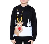 NOROZE Niños Niñas Unisex Feliz Navidad Fútbol Reno Alce Papa Noel Autobús turístico Bufanda Copo de Nieve De Punto Novedad Feo Jerséis de Navidad Suéter Pullover (13 años, Rodolfo Negro)