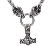 Norse Hombres Collar de Acero Inoxidable Viking Wolf Head con Odin Thor Hammer Collar Colgante Talismán Joyería étnica, Amuleto Animal Original(Mjolnir,50cm)