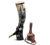 Norse Tradesman Cuerno de beber vikingo de cuerno de buey genuino de 50 cm con soporte de cuerno y adornos de lobo de latón | Saco de regalo de arpillera incluido | "El Fenrir", Pulido, 50 cm