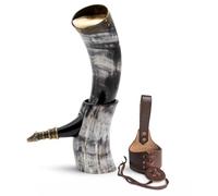 Norse Tradesman Cuerno de buey genuino Vikingo para beber con soporte de cuerno y adornos de lobo de latón | Saco de regalo de arpillera incluido | El Jarl, Pulido, 30 cm