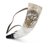 Norse Tradesman Cuerno de guerra vikingo - Trompeta de batalla de cuerno de soplado de 12 pulgadas hecha de auténtico cuerno de buey premium - Grabado a mano con lobos nórdicos - Una pieza de historia