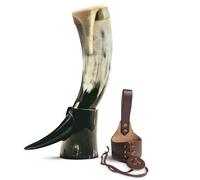 Norse Tradesman Cuerno para beber vikingo de cuerno de buey auténtico de 30 cm con soporte de cuerno y borde de latón | Saco de regalo de arpillera incluido | The Classic, pulido, 30 cm