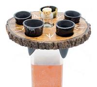 Norse Tradesman Juego de Vasos de Chupito de Cuerno de Beber Genuino (5) Con Soporte de Exhibición de Madera Rústica (Live Edge) | Grabado Con Runas Nórdicas