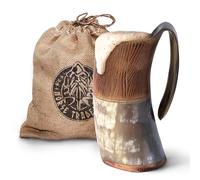 Norse Tradesman Taza de Cuerno para Beber Vikingo Genuino - Jarra de Cerveza Vikinga Premium de 500 ml con Fondo de Madera Súper Reforzada y Grabados Intrincados | The Jarl, Pulido, Grande